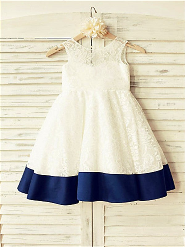 A-line/Princess Sleeveless Scoop Bowknot Tea-Length Lace Flower Girl Dresses CICIP0007719