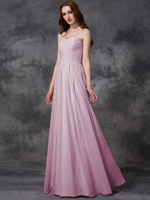A-line/Princess Sleeveless Sweetheart Ruffles Long Chiffon Bridesmaid Dresses CICIP0005741