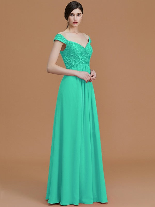 A-Line/Princess V-neck Sleeveless Floor-Length Lace Chiffon Bridesmaid Dresses CICIP0005569