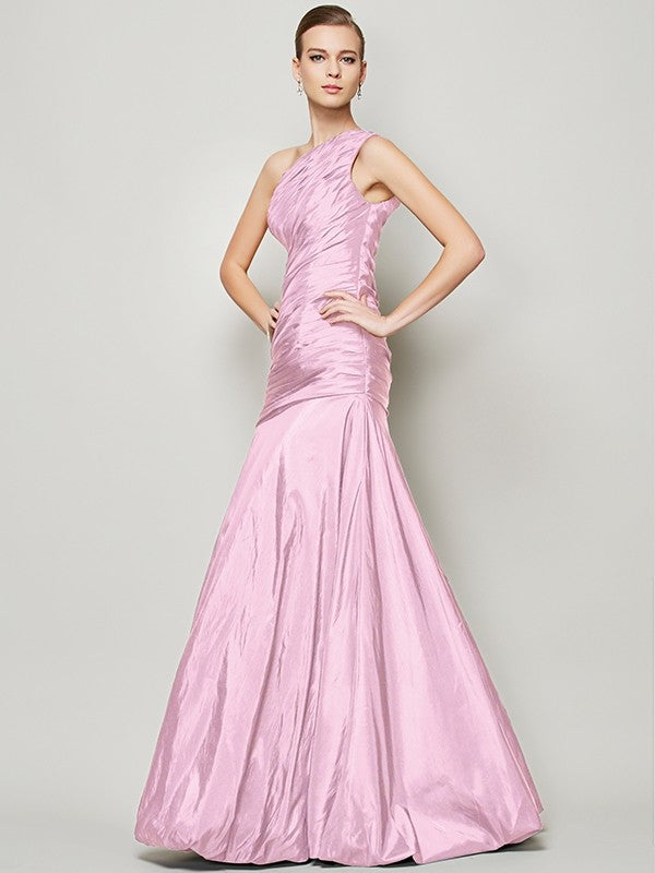 A-Line/Princess One-Shoulder Sleeveless Pleats Long Taffeta Bridesmaid Dresses CICIP0005085