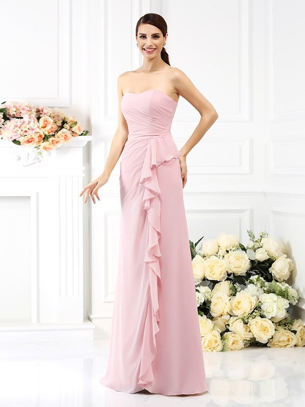 A-Line/Princess Strapless Pleats Sleeveless Long Chiffon Bridesmaid Dresses CICIP0005490