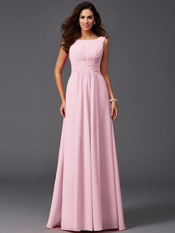 A-Line/Princess Scoop Ruffles Sleeveless Long Chiffon Bridesmaid Dresses CICIP0005023