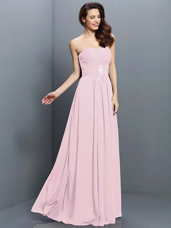 A-Line/Princess Strapless Pleats Sleeveless Long Chiffon Bridesmaid Dresses CICIP0005391