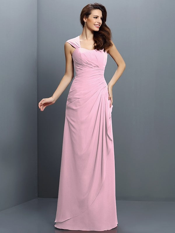 A-Line/Princess Straps Pleats Sleeveless Long Chiffon Bridesmaid Dresses CICIP0005181