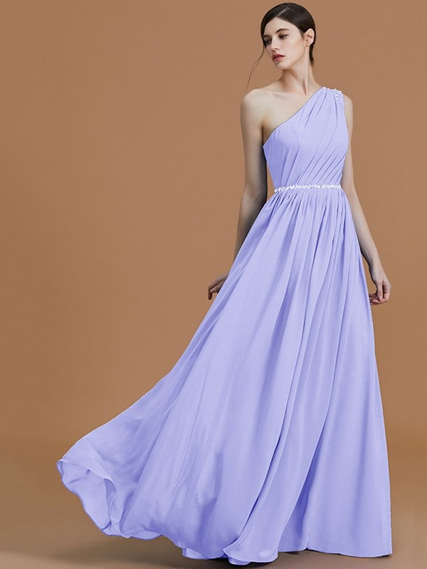 A-Line/Princess One-Shoulder Sleeveless Floor-Length Beading Chiffon Bridesmaid Dresses CICIP0005259
