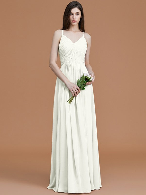 A-Line/Princess Spaghetti Straps Sleeveless Floor-Length Ruched Chiffon Bridesmaid Dresses CICIP0005655