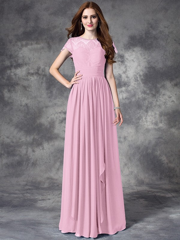 A-line/Princess Bateau Lace Sleeveless Long Chiffon Bridesmaid Dresses CICIP0005036