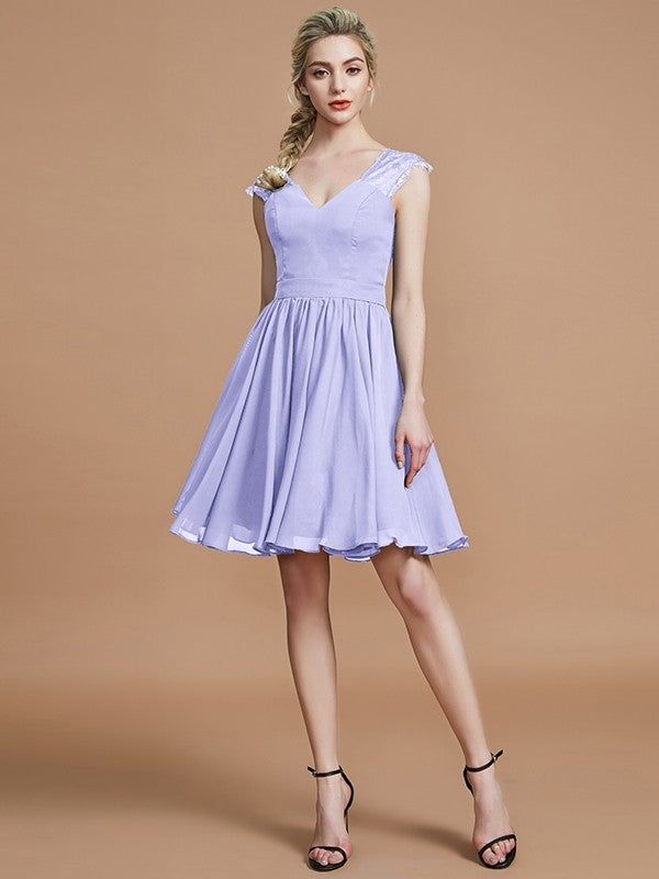 A-Line/Princess V-neck Chiffon Knee-Length Bridesmaid Dresses CICIP0005411