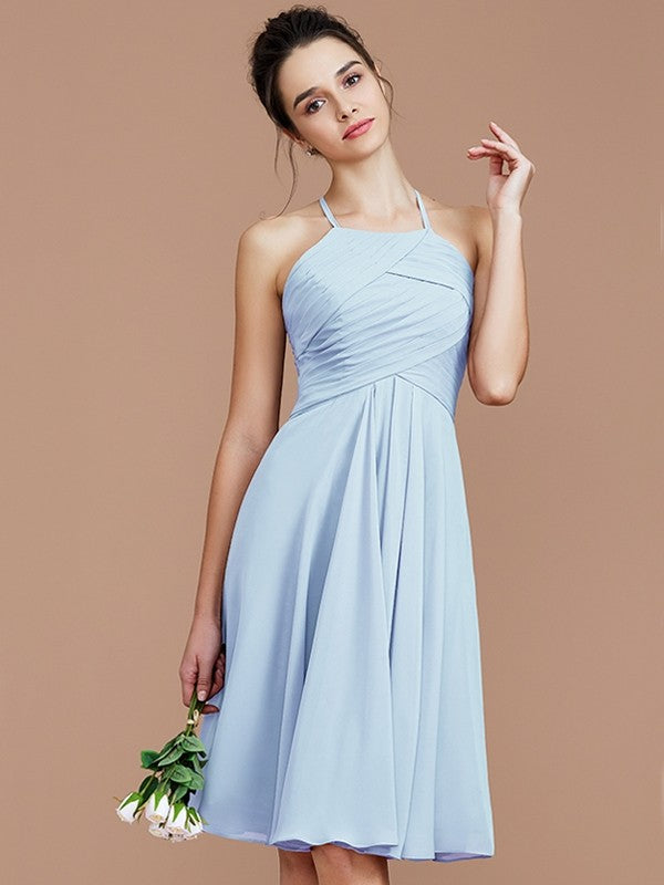 A-Line/Princess Halter Sleeveless Ruched Short/Mini Chiffon Bridesmaid Dresses CICIP0005152