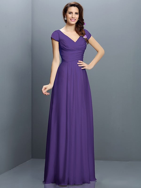 A-Line/Princess V-neck Pleats Short Sleeves Long Chiffon Bridesmaid Dresses CICIP0005256