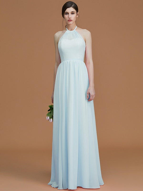 A-Line/Princess Halter Sleeveless Floor-Length Ruched Chiffon Bridesmaid Dresses CICIP0005663