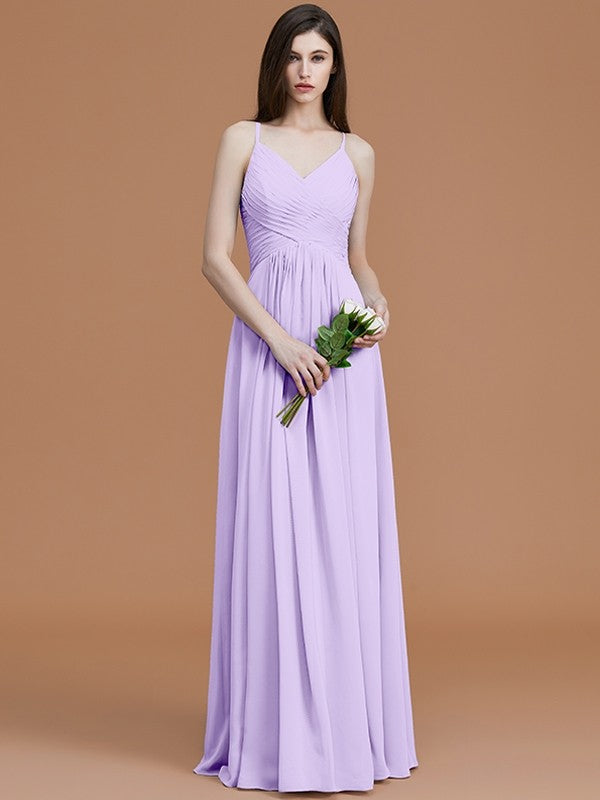 A-Line/Princess Spaghetti Straps Sleeveless Floor-Length Ruched Chiffon Bridesmaid Dresses CICIP0005655