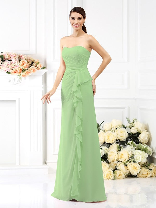 A-Line/Princess Strapless Pleats Sleeveless Long Chiffon Bridesmaid Dresses CICIP0005490