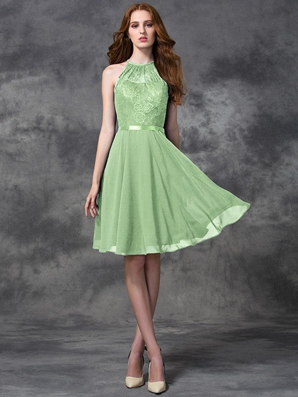 A-line/Princess Halter Lace Sleeveless Short Chiffon Bridesmaid Dresses CICIP0005310