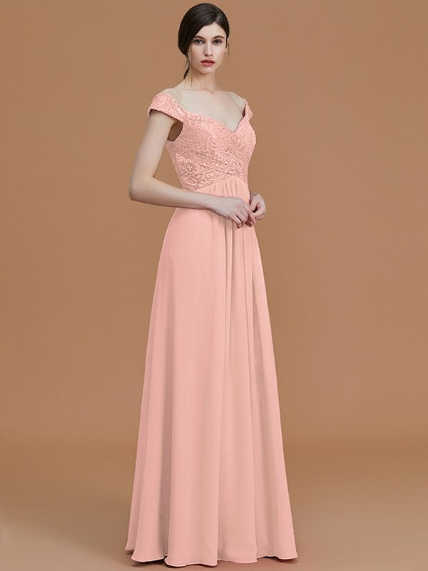 A-Line/Princess V-neck Sleeveless Floor-Length Lace Chiffon Bridesmaid Dresses CICIP0005569