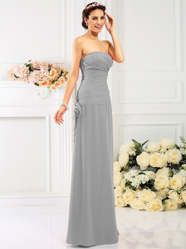 Sheath/Column Strapless Hand-Made Flower Sleeveless Long Chiffon Bridesmaid Dresses CICIP0005753