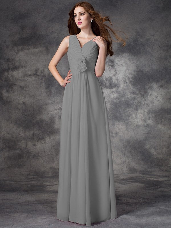 A-line/Princess V-neck Hand-Made Flower Sleeveless Long Chiffon Bridesmaid Dresses CICIP0005784