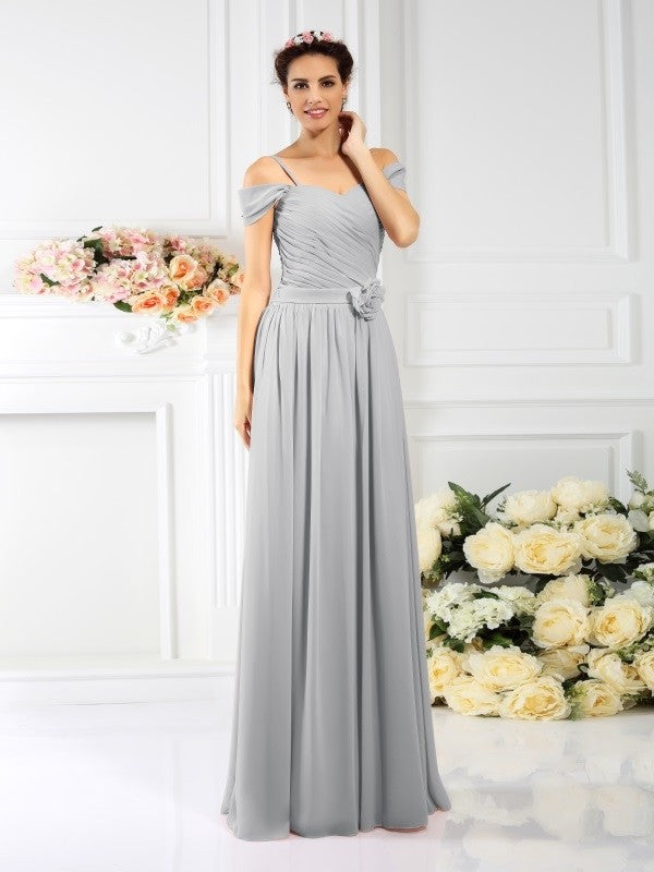 A-Line/Princess Spaghetti Straps Pleats Sleeveless Long Chiffon Bridesmaid Dresses CICIP0005293
