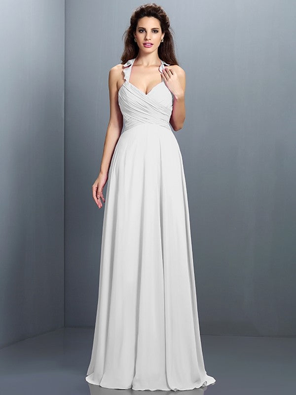 A-Line/Princess Halter Pleats Sleeveless Long Chiffon Bridesmaid Dresses CICIP0005390