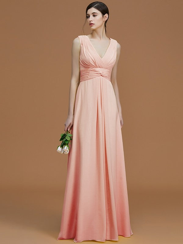 A-Line/Princess V-neck Sleeveless Floor-Length Ruched Chiffon Bridesmaid Dresses CICIP0005702