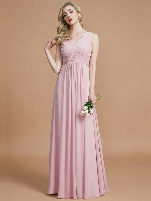 A-Line/Princess V-neck Sleeveless Ruched Floor-Length Chiffon Bridesmaid Dresses CICIP0005343