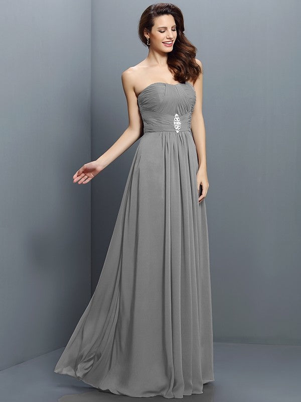 A-Line/Princess Strapless Pleats Sleeveless Long Chiffon Bridesmaid Dresses CICIP0005391