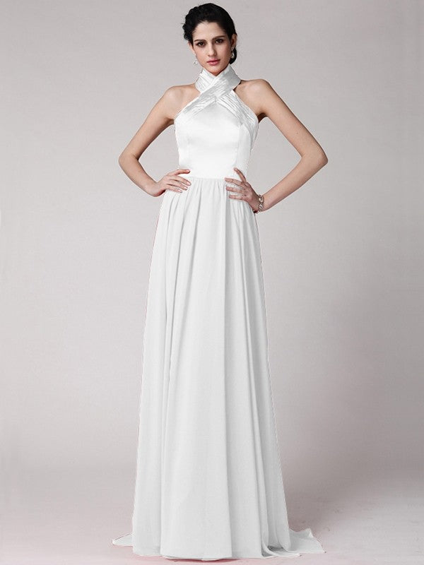 Sheath/Column Halter Sleeveless Pleats Long Elastic Woven Satin Chiffon Bridesmaid Dresses CICIP0005653