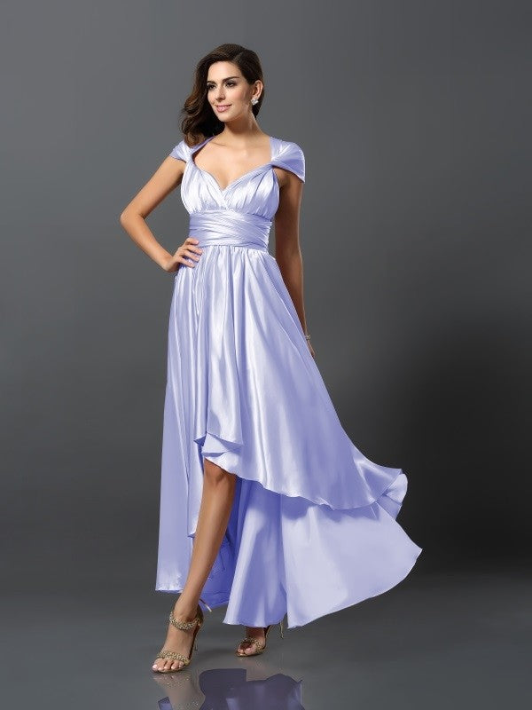 Sheath/Column Sleeveless High Low Silk like Satin Bridesmaid Dresses CICIP0005141