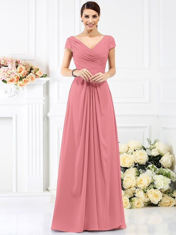 A-Line/Princess V-neck Pleats Short Sleeves Long Chiffon Bridesmaid Dresses CICIP0005128