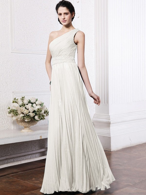 Sheath/Column One-Shoulder Sleeveless Beading Pleats Long Chiffon Bridesmaid Dresses CICIP0005588