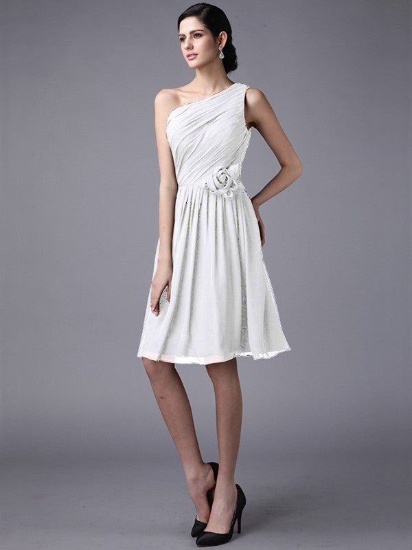 Sheath/Column One-Shoulder Sleeveless Pleats Short Chiffon Bridesmaid Dresses CICIP0005846
