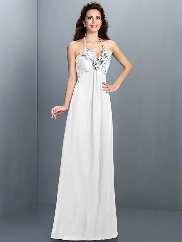 A-Line/Princess Halter Hand-Made Flower Sleeveless Long Chiffon Bridesmaid Dresses CICIP0005807