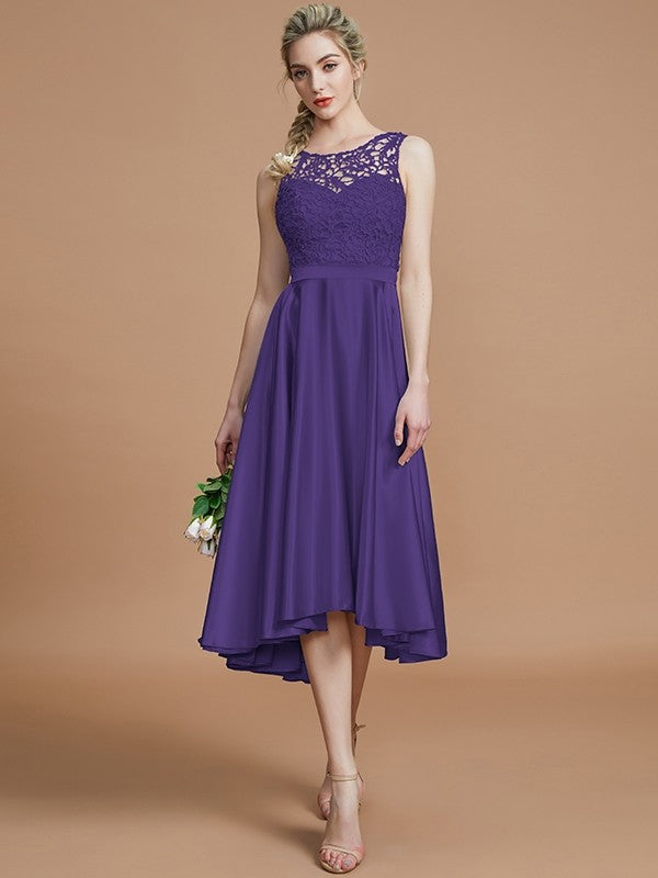 A-Line/Princess Bateau Sleeveless Ruffles Asymmetrical Silk like Satin Bridesmaid Dresses CICIP0005019