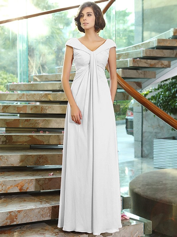 A-Line/Princess V-neck Sleeveless Long Chiffon Bridesmaid Dresses CICIP0005524