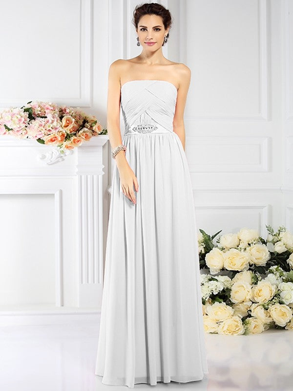 A-Line/Princess Strapless Pleats Sleeveless Long Chiffon Bridesmaid Dresses CICIP0005716