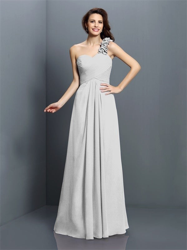 A-Line/Princess One-Shoulder Hand-Made Flower Sleeveless Long Chiffon Bridesmaid Dresses CICIP0005570