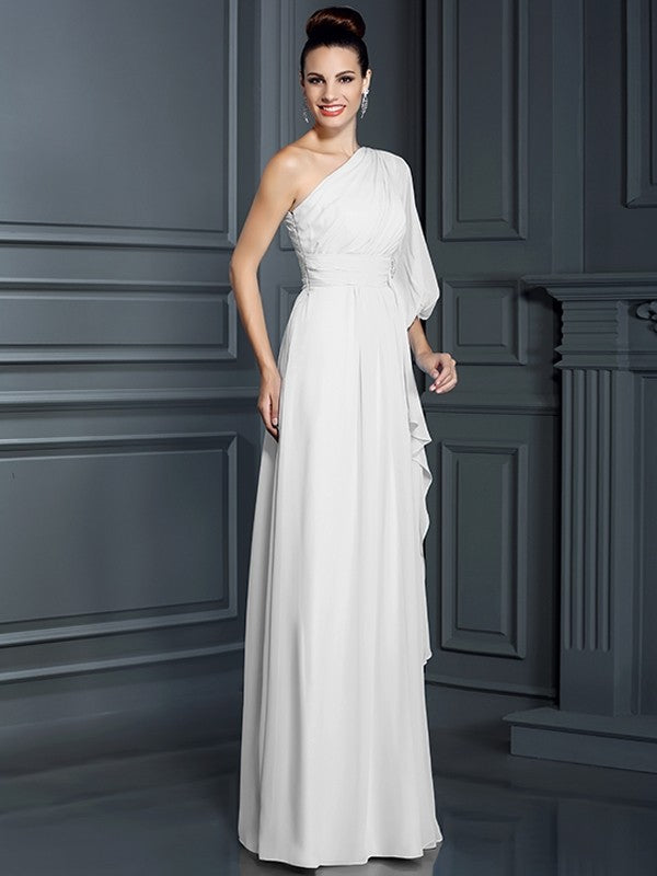 Sheath/Column One-Shoulder 3/4 Sleeves Long Chiffon Bridesmaid Dresses CICIP0005047