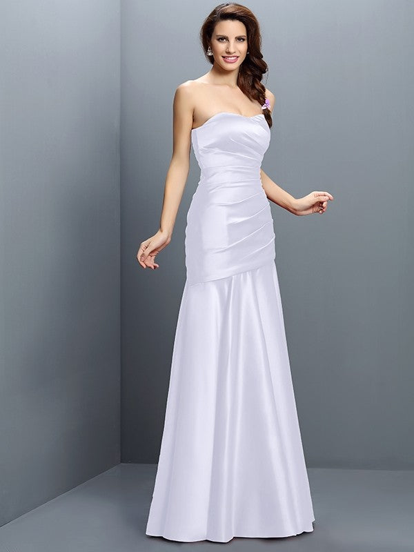 A-Line/Princess Strapless Ruched Sleeveless Long Satin Bridesmaid Dresses CICIP0005407