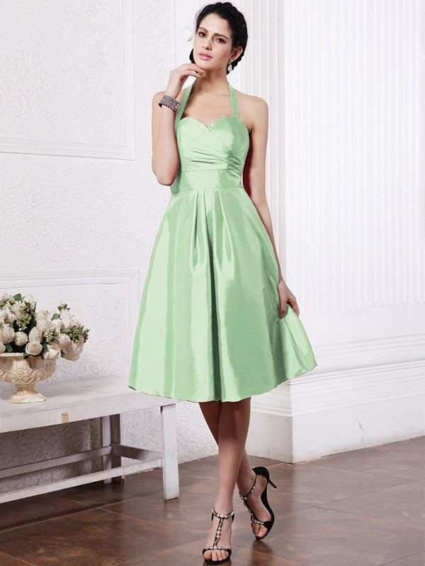 A-Line/Princess Halter Sleeveless Pleats Short Taffeta Bridesmaid Dresses CICIP0005709