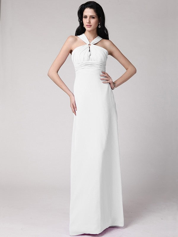 Sheath/Column High Neck Sleeveless Pleats Long Chiffon Bridesmaid Dresses CICIP0005790
