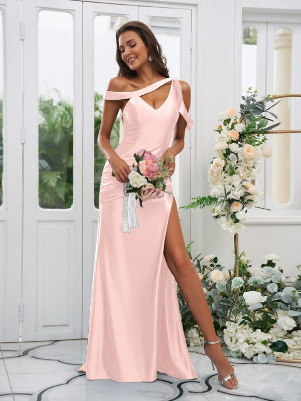 Sheath/Column Charmeuse Ruched Off-the-Shoulder Sleeveless Sweep/Brush Train Bridesmaid Dresses CICIP0004898