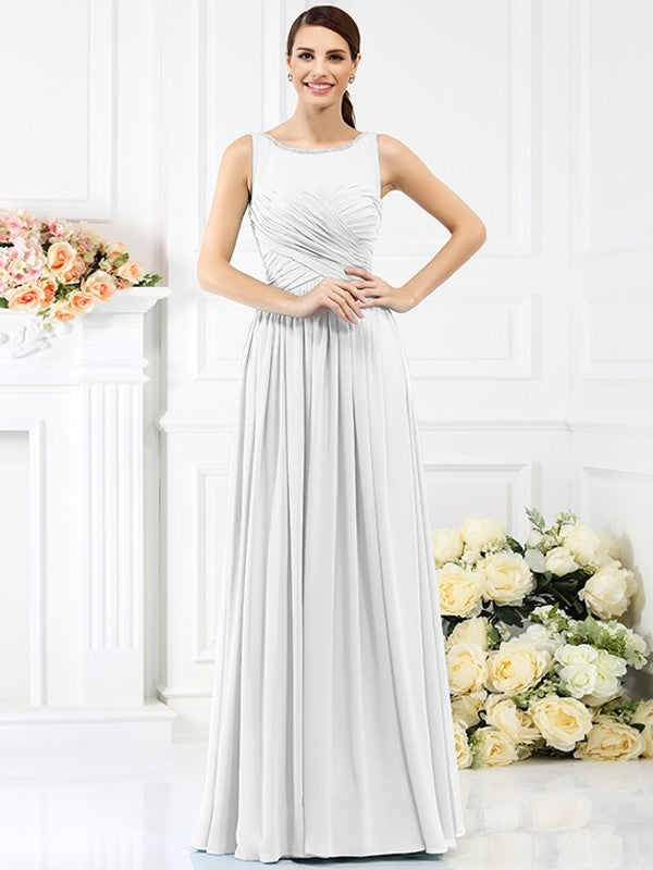 A-Line/Princess Bateau Pleats Sleeveless Long Chiffon Bridesmaid Dresses CICIP0005212