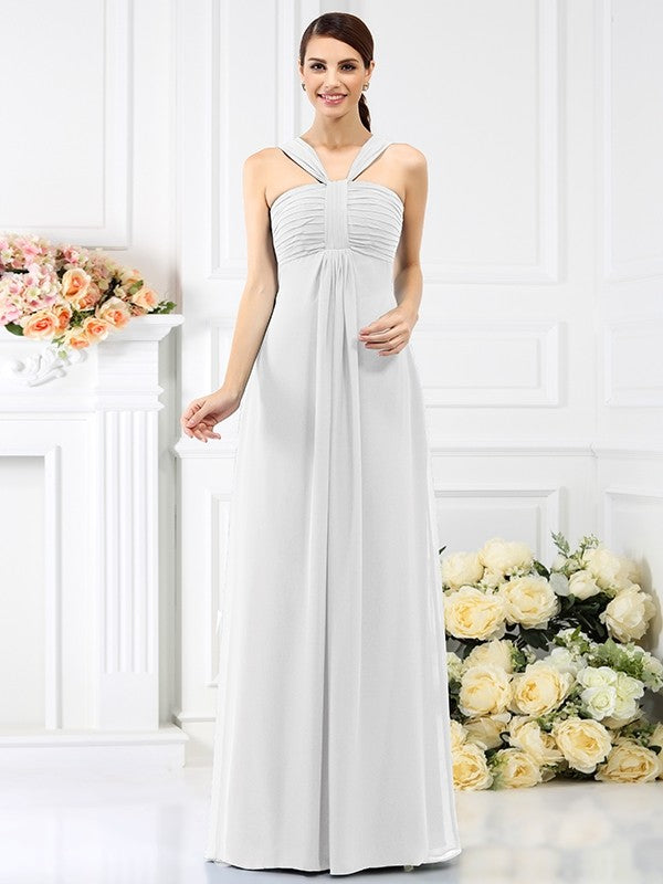 A-Line/Princess Straps Pleats Sleeveless Long Chiffon Bridesmaid Dresses CICIP0005478