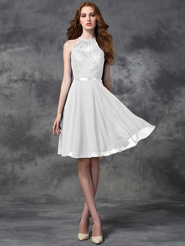 A-line/Princess Halter Lace Sleeveless Short Chiffon Bridesmaid Dresses CICIP0005310