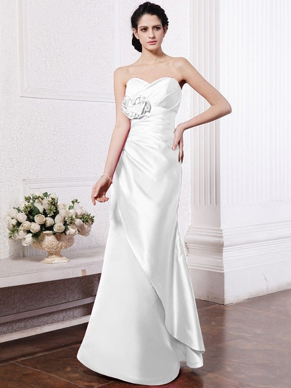 Sheath/Column Sweetheart Sleeveless Pleats Hand-Made Flower Long Elastic Woven Satin Bridesmaid Dresses CICIP0005752