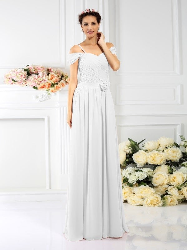A-Line/Princess Spaghetti Straps Pleats Sleeveless Long Chiffon Bridesmaid Dresses CICIP0005293