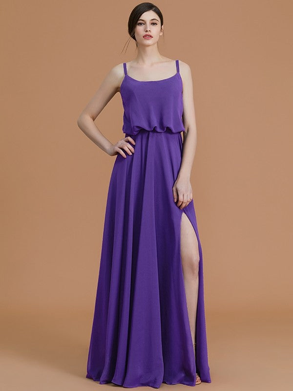A-Line/Princess Spaghetti Straps Sleeveless Floor-Length Ruffles Chiffon Bridesmaid Dresses CICIP0005258
