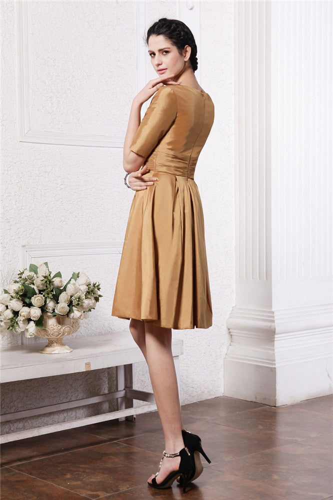Sheath/Column V-neck Half Sleeves Pleats Taffeta Bridesmaid Dresses CICIP0005658