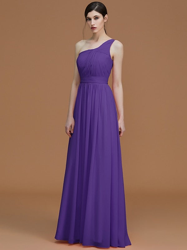 A-Line/Princess One-Shoulder Sleeveless Floor-Length Ruched Chiffon Bridesmaid Dresses CICIP0005701
