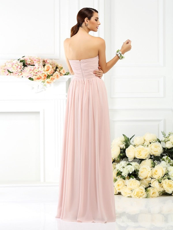 A-Line/Princess Strapless Pleats Sleeveless Long Chiffon Bridesmaid Dresses CICIP0005054
